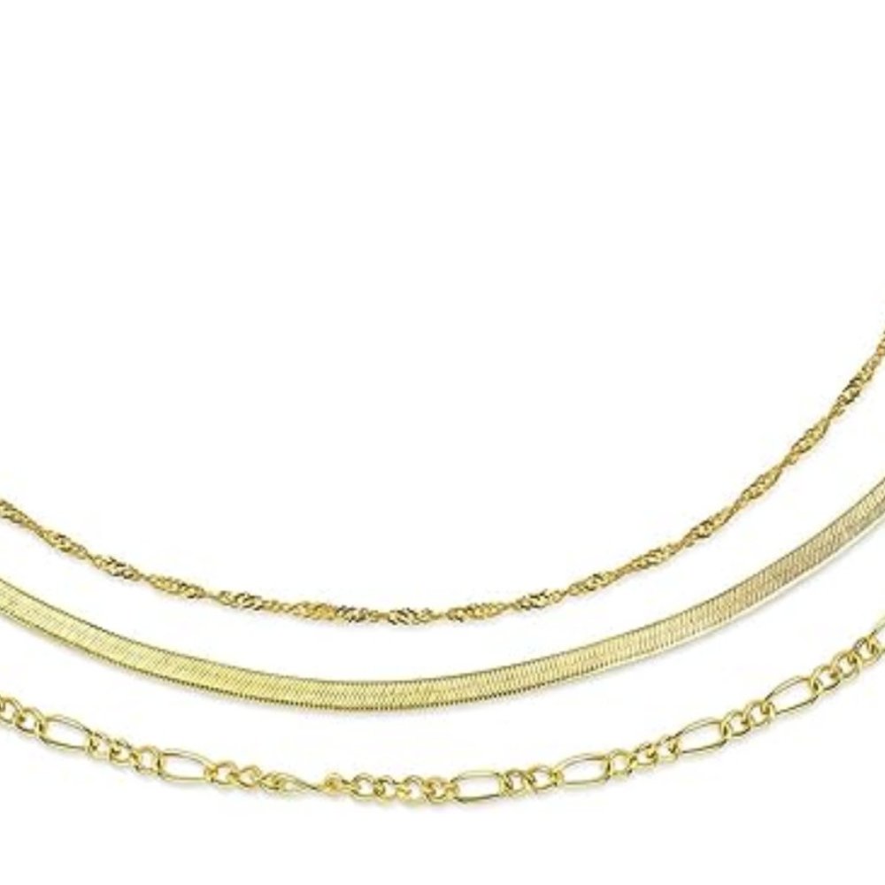 14k Gold Herringbone Necklace Set Layered Chain Choker Delicate Dainty Jewelry - Picture 6 of 7